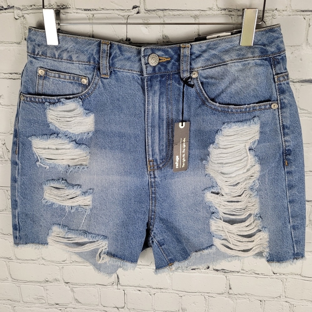REFUGE | high waist distressed denim mom jean shorts